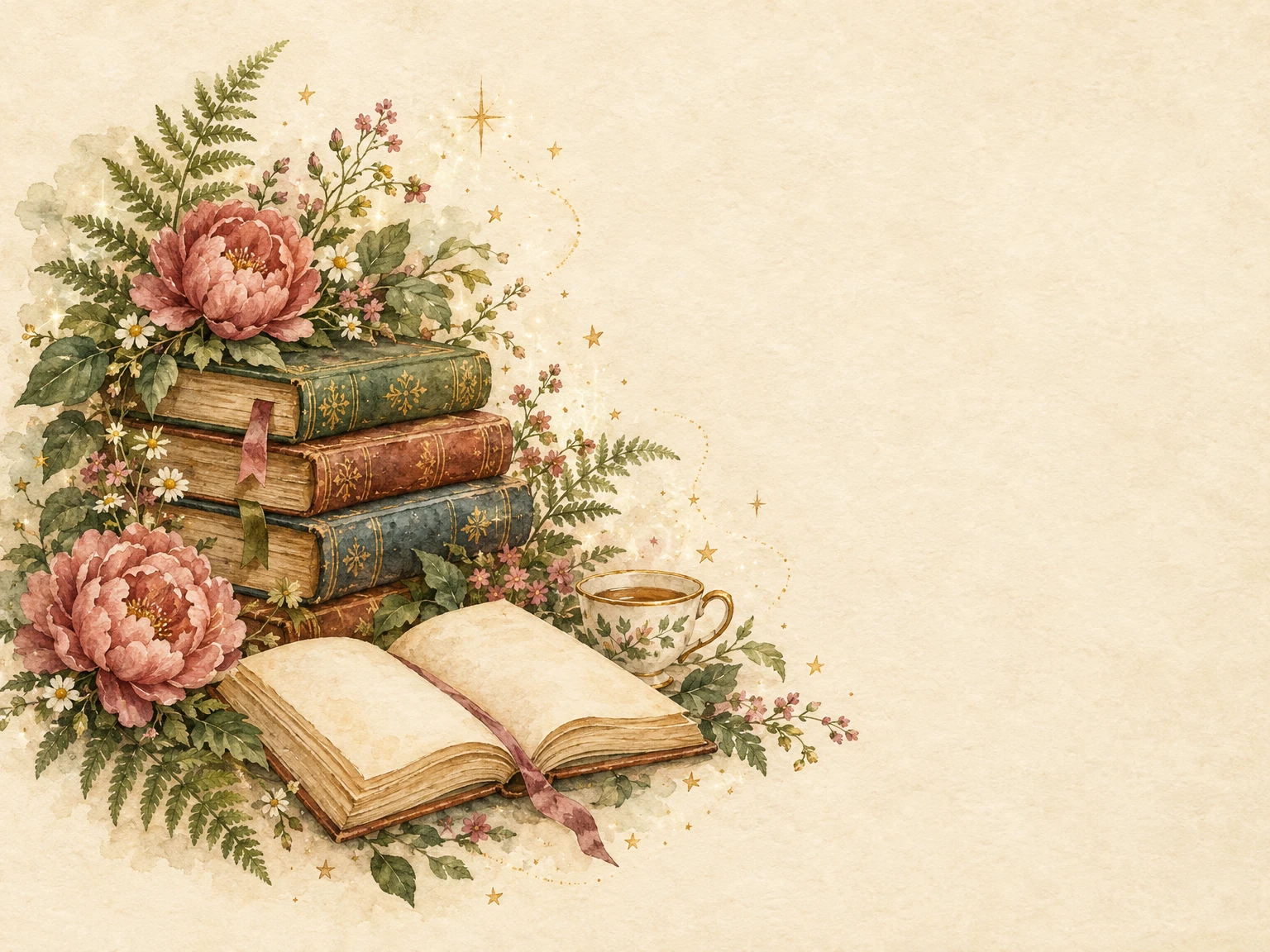 A watercolor of stacked books, ferns, pink peonies and tiny gold stars